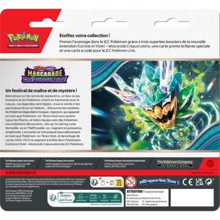 Tripack de 3 Boosters Pokémon Mascarade Crépusculaire Ecarlate et Violet EV06 + Vrombotor promotionnel - Version Française - PRÉCOMMANDE